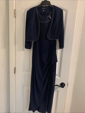 R & M Richards Navy Blue Maxi Dress with Beaded Jacket